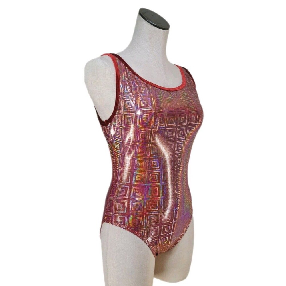 Satara Leos VTG Holographic Squares Shiny Keyhole Tank Leotard Size AL Red